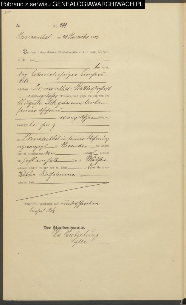 Geburtseintrag 200/1903 Prinzenthal von Käthe Wilhelmine METZ